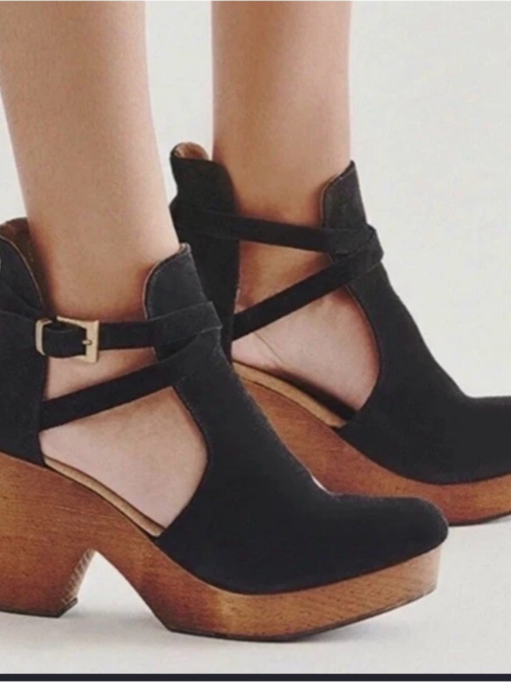 Free People Black Suede Cutout Platform Booties with Wood-Look Block Heel
